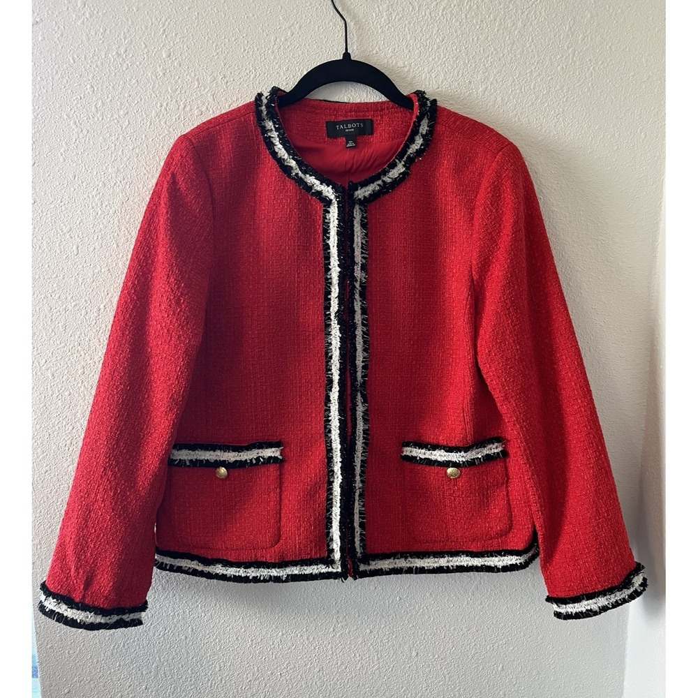 Talbots Red Tweed Jacket Size 12P Fringe Gold Buttons Red White Old Money Preppy